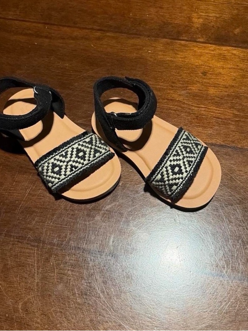Toms Kids Black Strappy Sandals with Woven Cream Accent